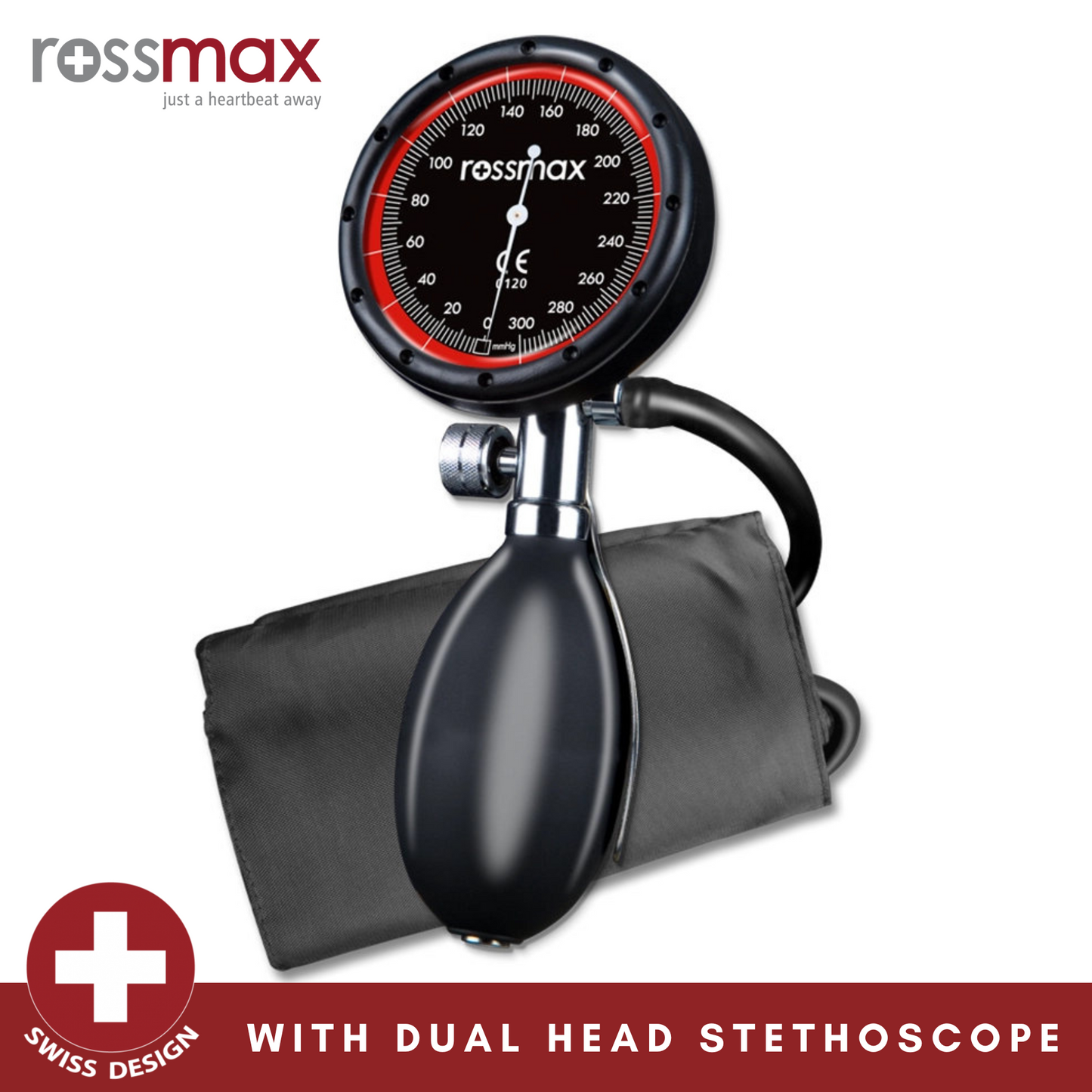 Rossmax GD Big Dial Face Easy Read Swiss Designed 2 Years Warranty Palm Type Sphygmomanometer Bp Set With Dual Head Stethoscope With D Ring On Cuff